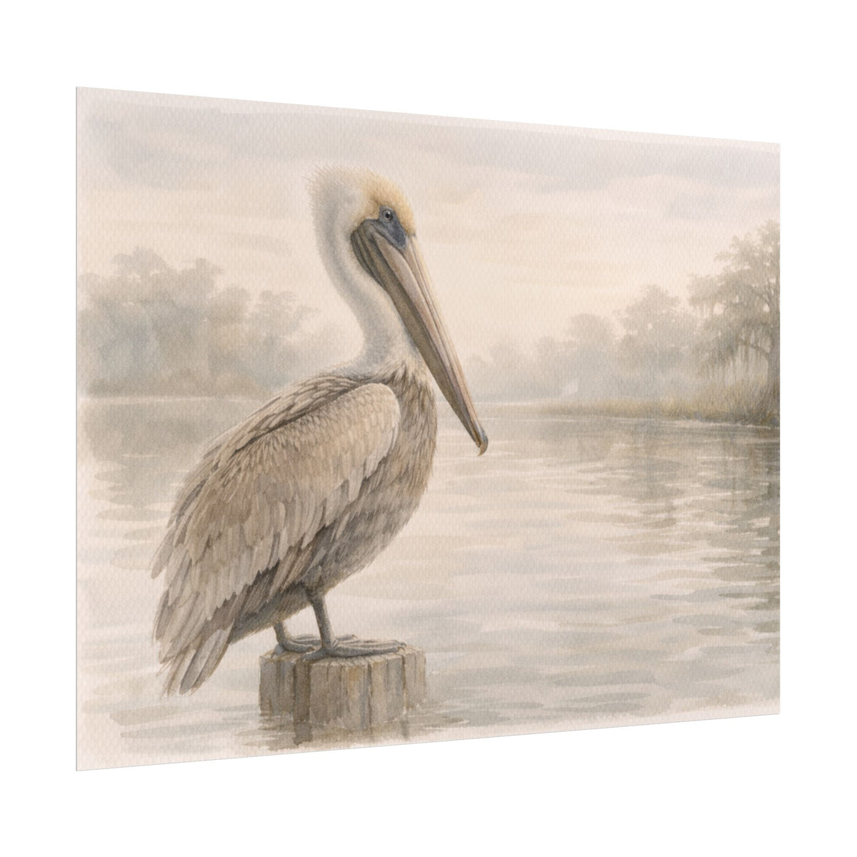 Pelican on Dock Watercolor Art Coastal Watercolor