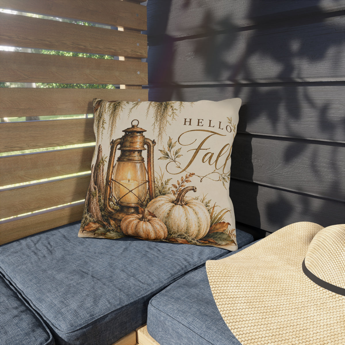 Hello Fall Outdoor Pillow – Rustic Autumn Lantern, Pumpkins &amp; Harvest Decor