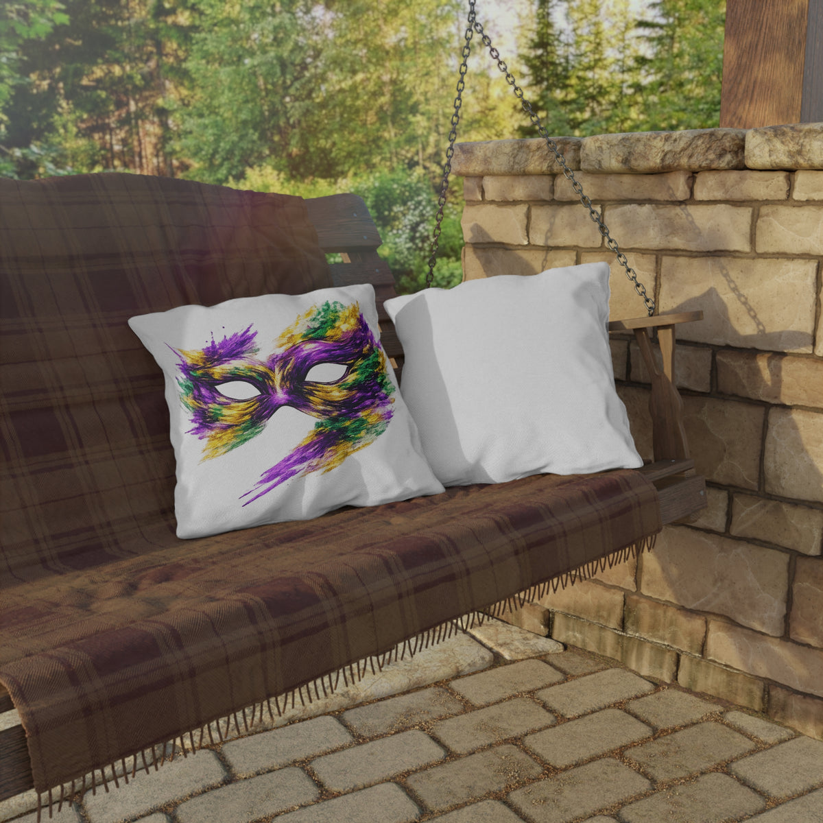 Mardi Gras Mask Outdoor Pillow - Purple Green Gold Decorative Pillow