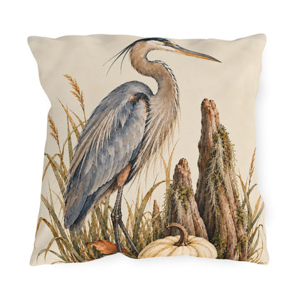 Heron &amp; Pumpkin Outdoor Pillow — Coastal Fall Accent Cushion