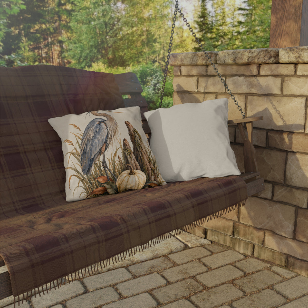 Heron &amp; Pumpkin Outdoor Pillow — Coastal Fall Accent Cushion