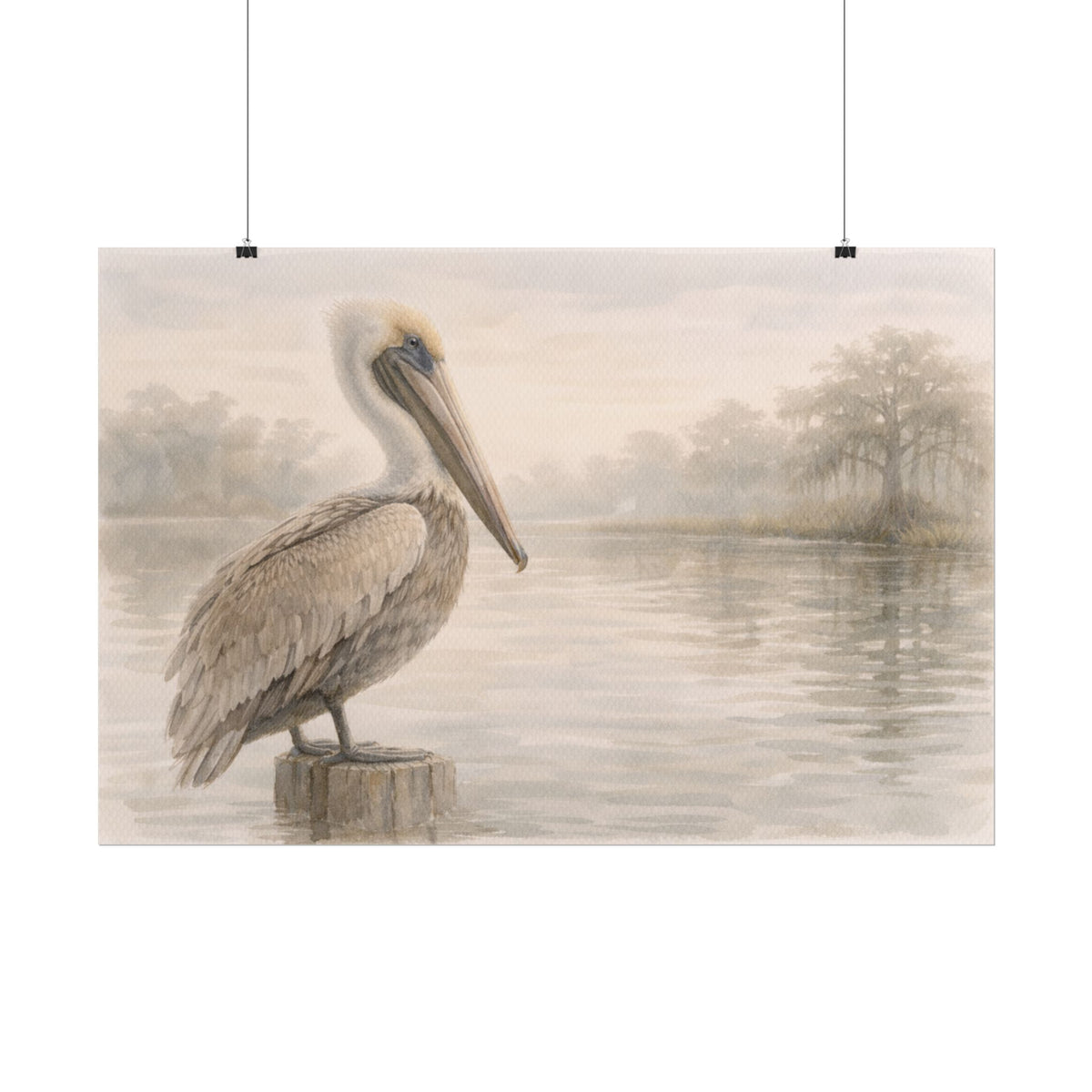 Pelican on Dock Watercolor Art Coastal Watercolor