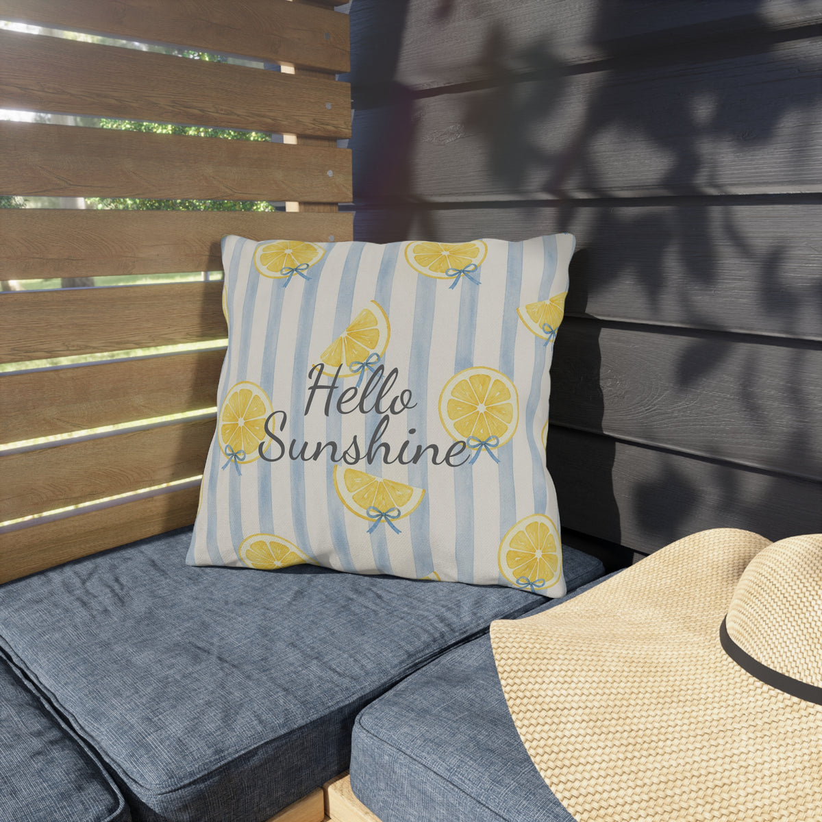 Hello Sunshine lemon pattern Outdoor Pillow | striped citrus throw cushion