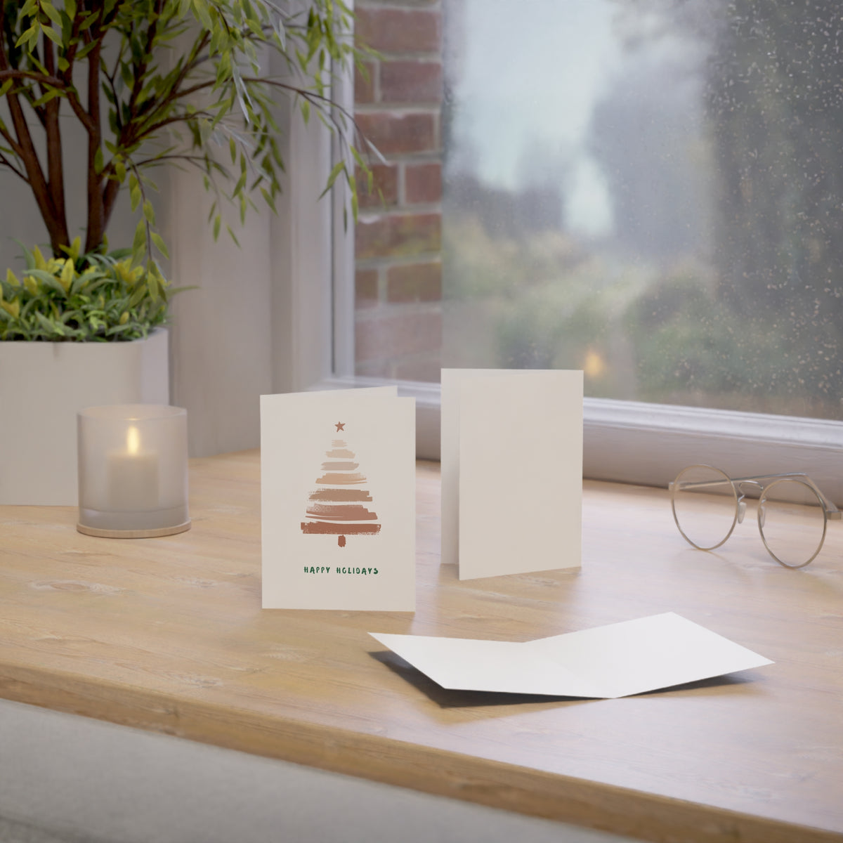 Minimal Brushstroke Christmas Tree Greeting Card — "Happy Holidays" (Multipack)