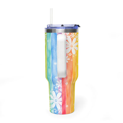 Rainbow Daisy Tumbler – 40 oz Watercolor Floral Travel Cup