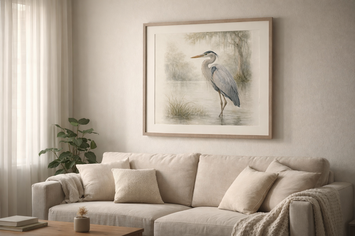 Great Blue Heron Watercolor Art – Coastal Bird Wall Décor