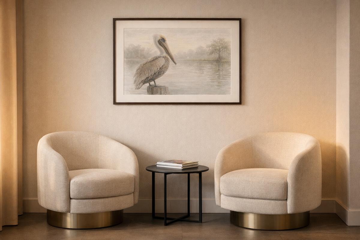 Pelican on Dock Watercolor Art Coastal Watercolor
