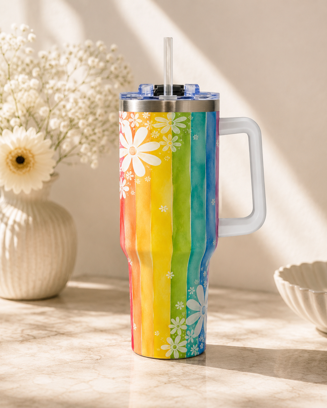 Rainbow Daisy Tumbler – 40 oz Watercolor Floral Travel Cup