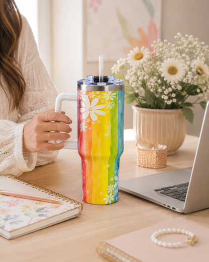 Rainbow Daisy Tumbler – 40 oz Watercolor Floral Travel Cup