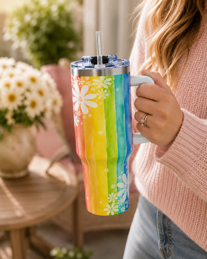 Rainbow Daisy Tumbler – 40 oz Watercolor Floral Travel Cup