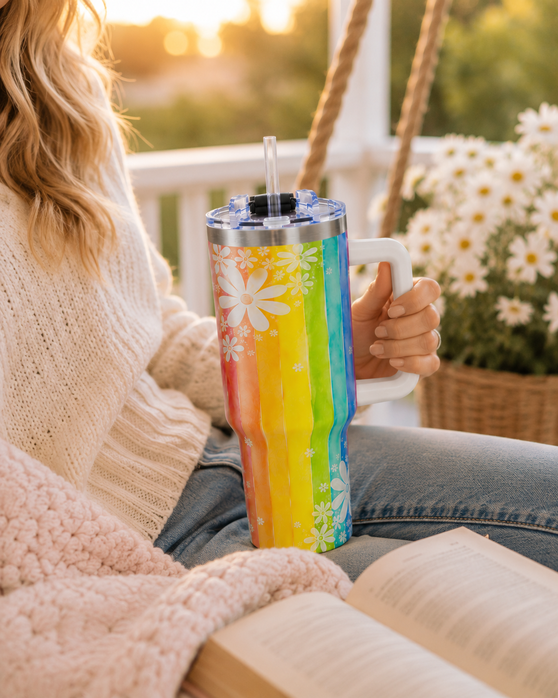 Rainbow Daisy Tumbler – 40 oz Watercolor Floral Travel Cup