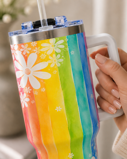 Rainbow Daisy Tumbler – 40 oz Watercolor Floral Travel Cup