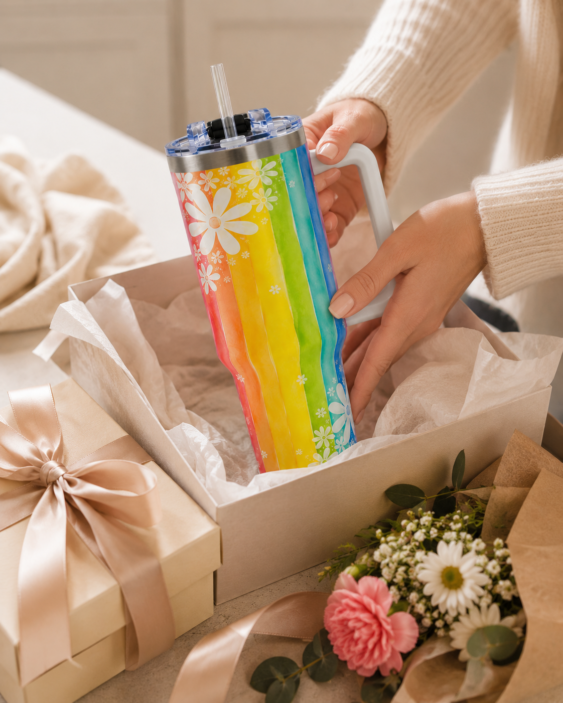 Rainbow Daisy Tumbler – 40 oz Watercolor Floral Travel Cup