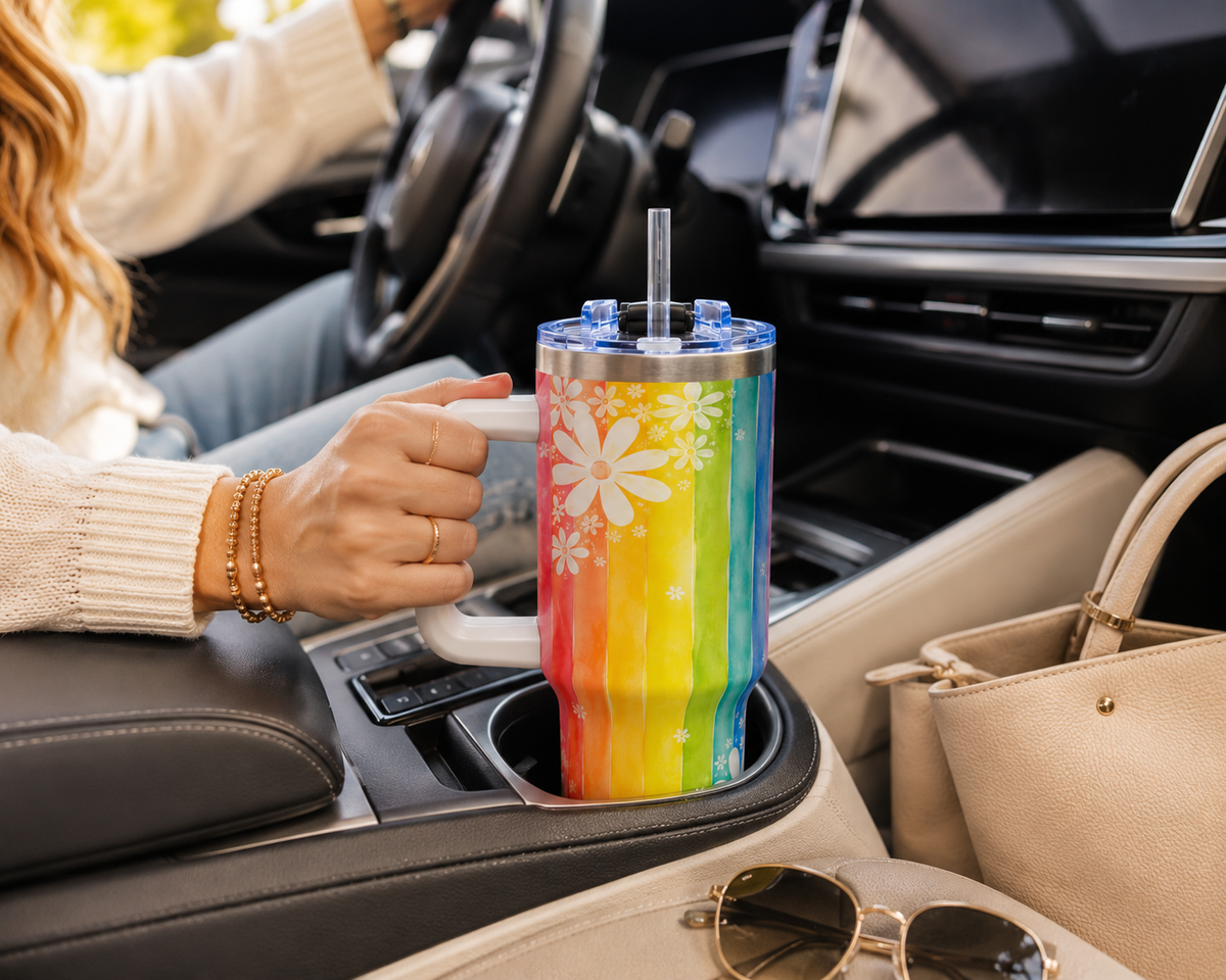 Rainbow Daisy Tumbler – 40 oz Watercolor Floral Travel Cup