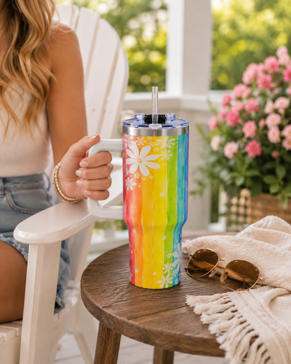 Rainbow Daisy Tumbler – 40 oz Watercolor Floral Travel Cup