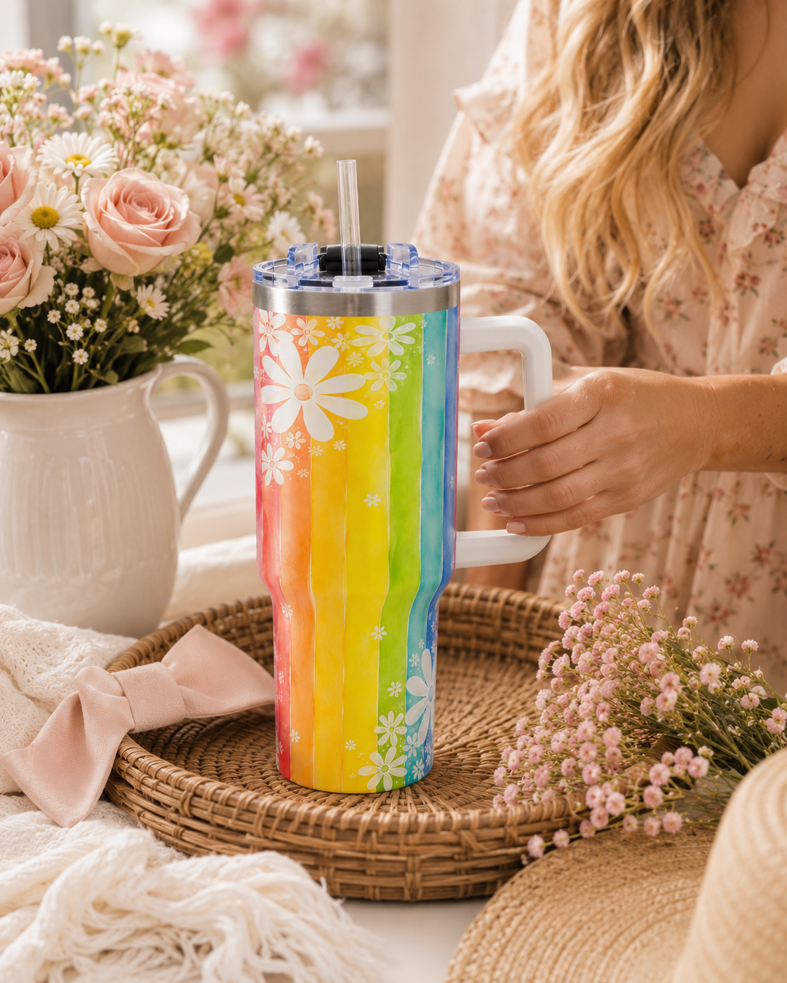 Rainbow Daisy Tumbler – 40 oz Watercolor Floral Travel Cup