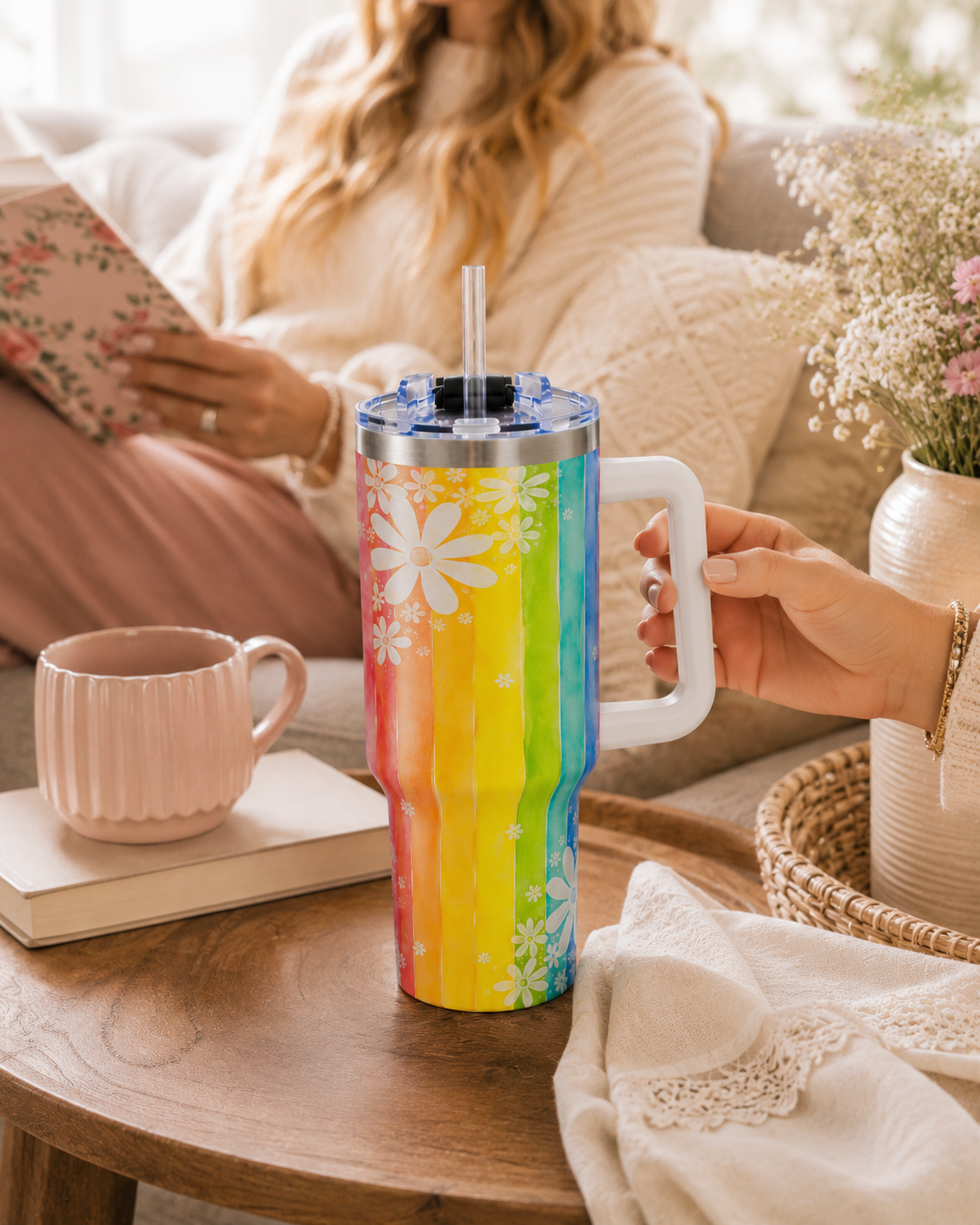 Rainbow Daisy Tumbler – 40 oz Watercolor Floral Travel Cup