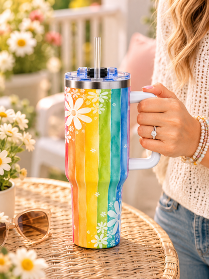 Rainbow Daisy Tumbler – 40 oz Watercolor Floral Travel Cup