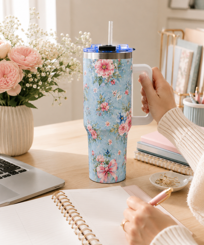 Vintage Blue Rose Tumbler – 40 oz Floral Travel Cup