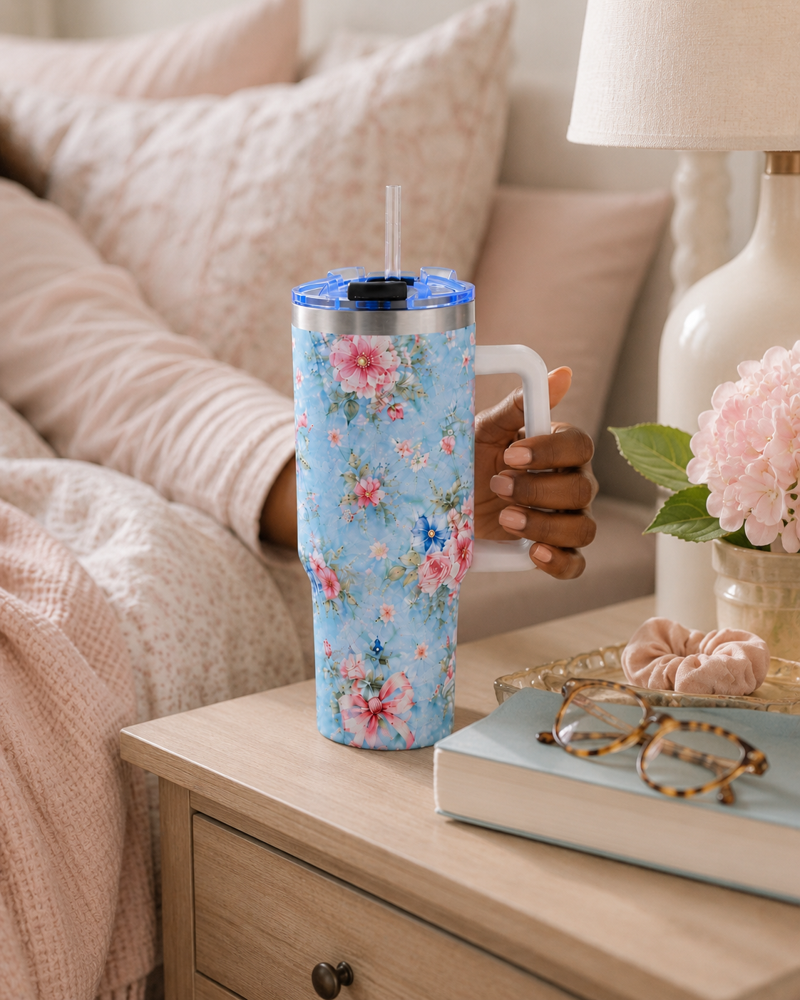 Vintage Blue Rose Tumbler – 40 oz Floral Travel Cup