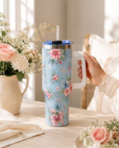 Vintage Blue Rose Tumbler – 40 oz Floral Travel Cup