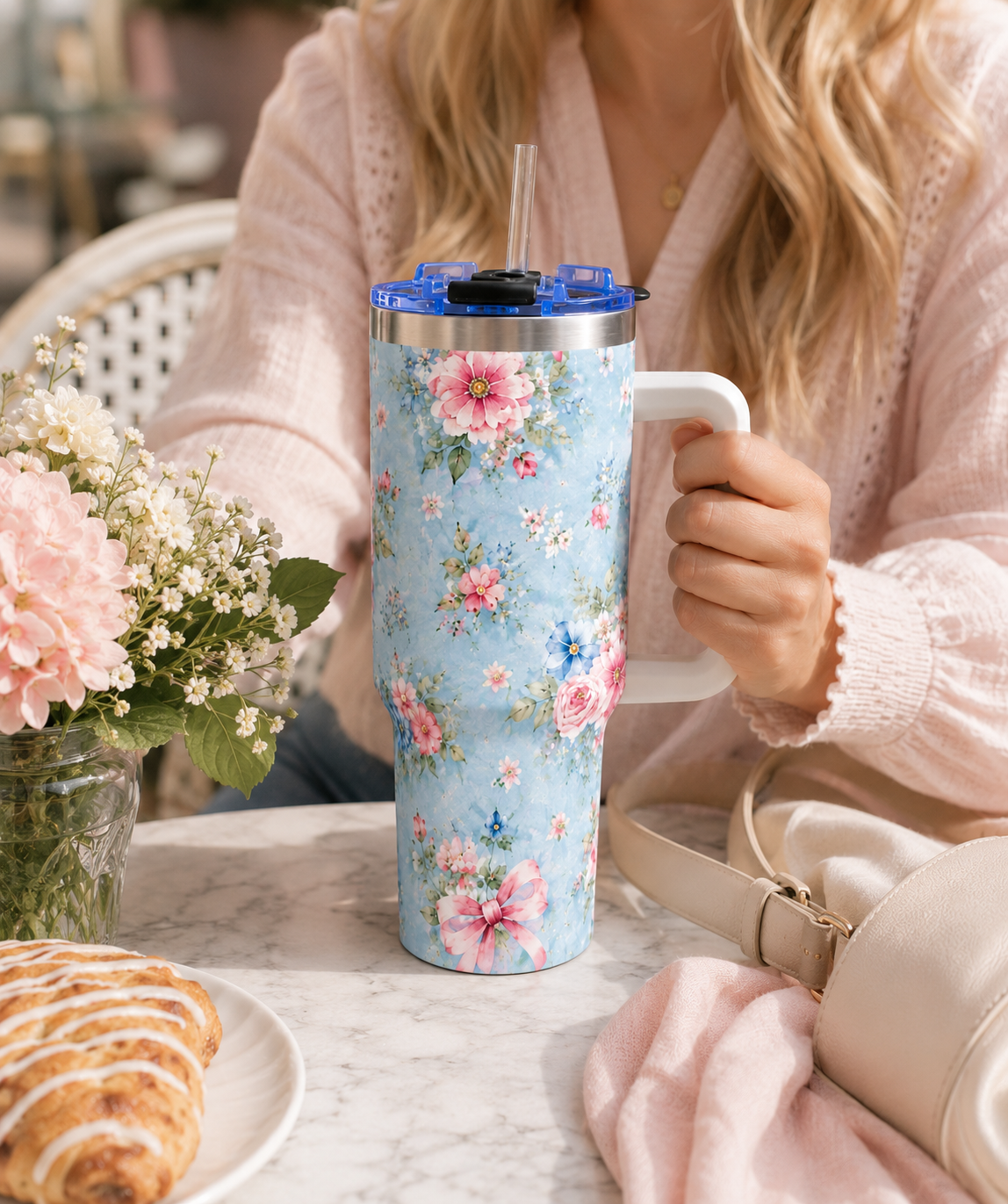 Vintage Blue Rose Tumbler – 40 oz Floral Travel Cup