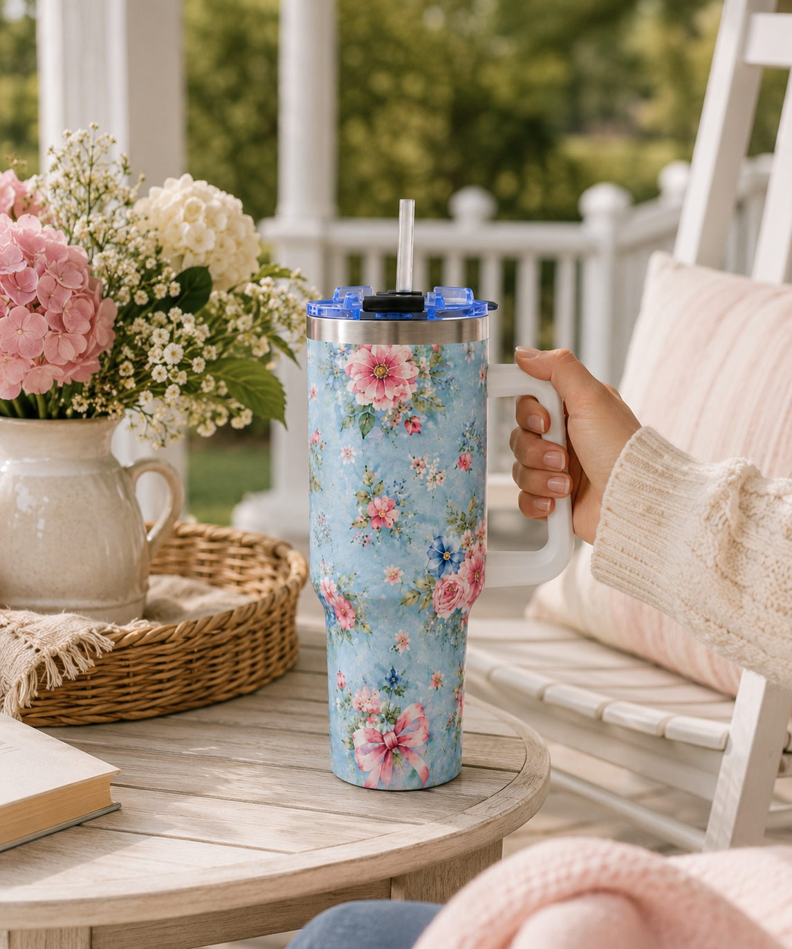Vintage Blue Rose Tumbler – 40 oz Floral Travel Cup