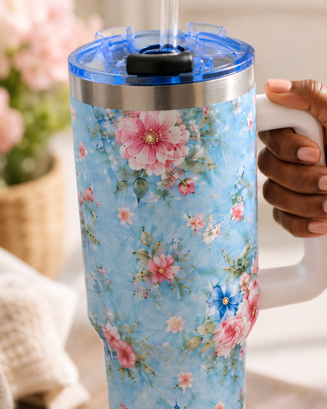 Vintage Blue Rose Tumbler – 40 oz Floral Travel Cup