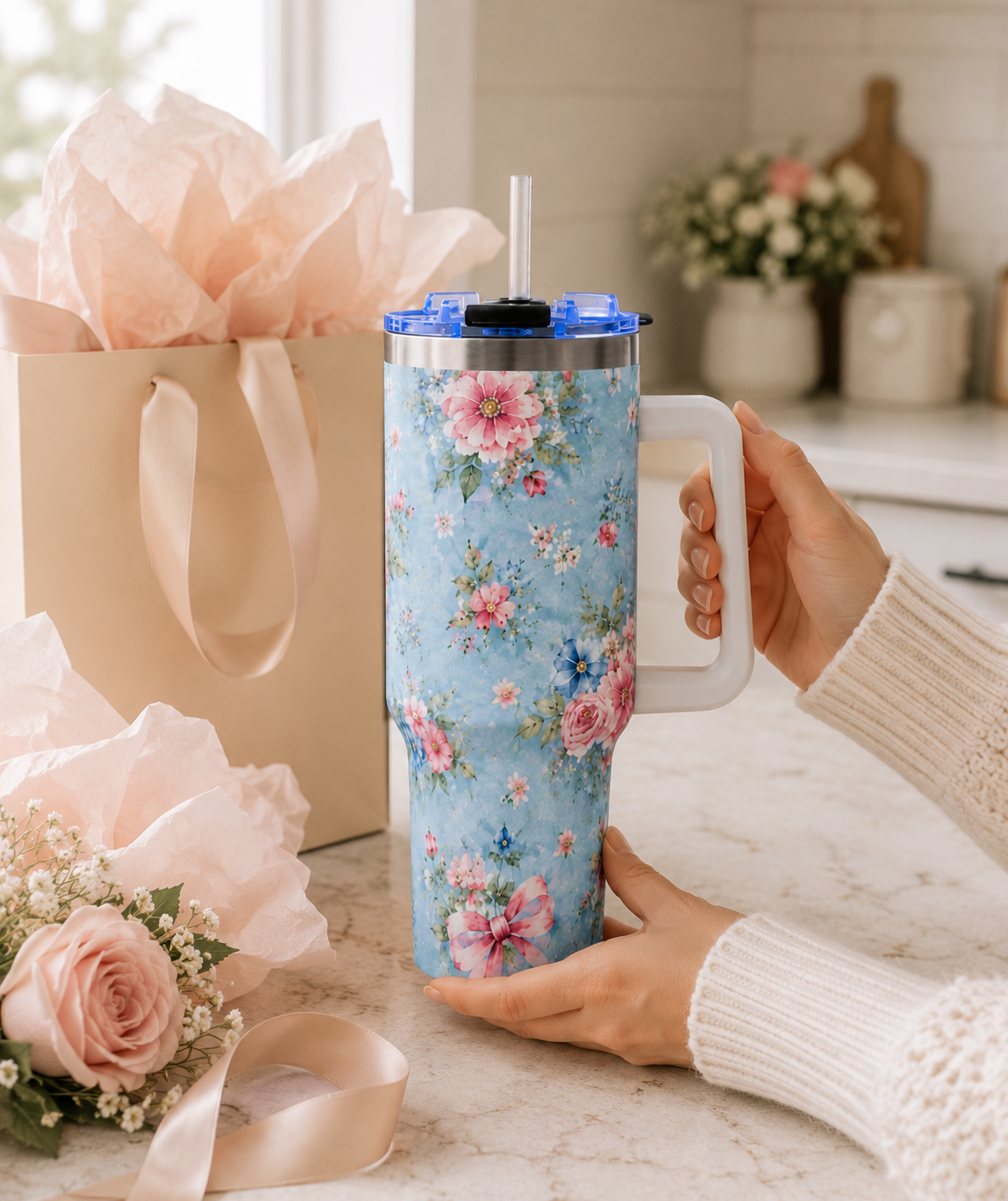 Vintage Blue Rose Tumbler – 40 oz Floral Travel Cup