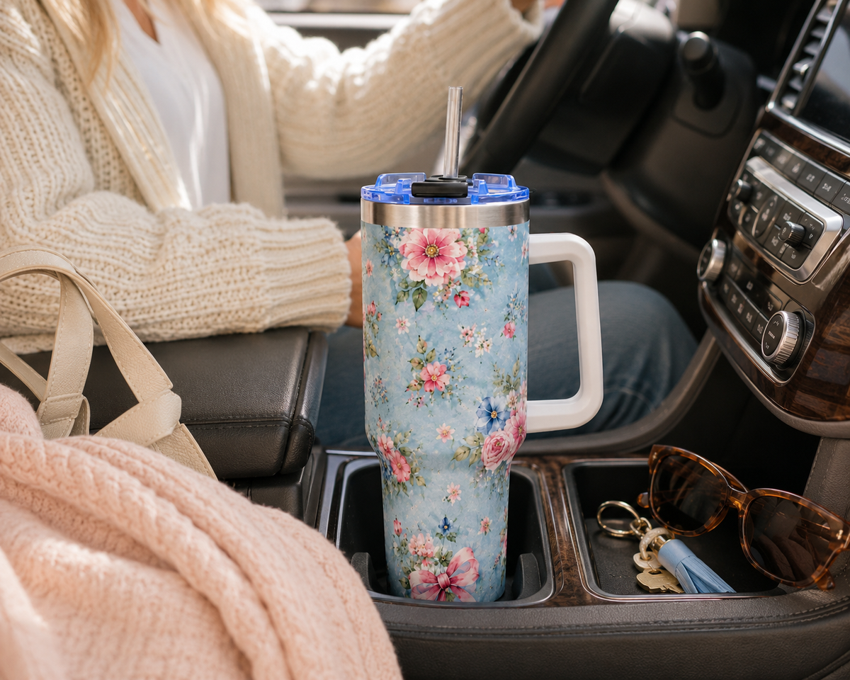 Vintage Blue Rose Tumbler – 40 oz Floral Travel Cup