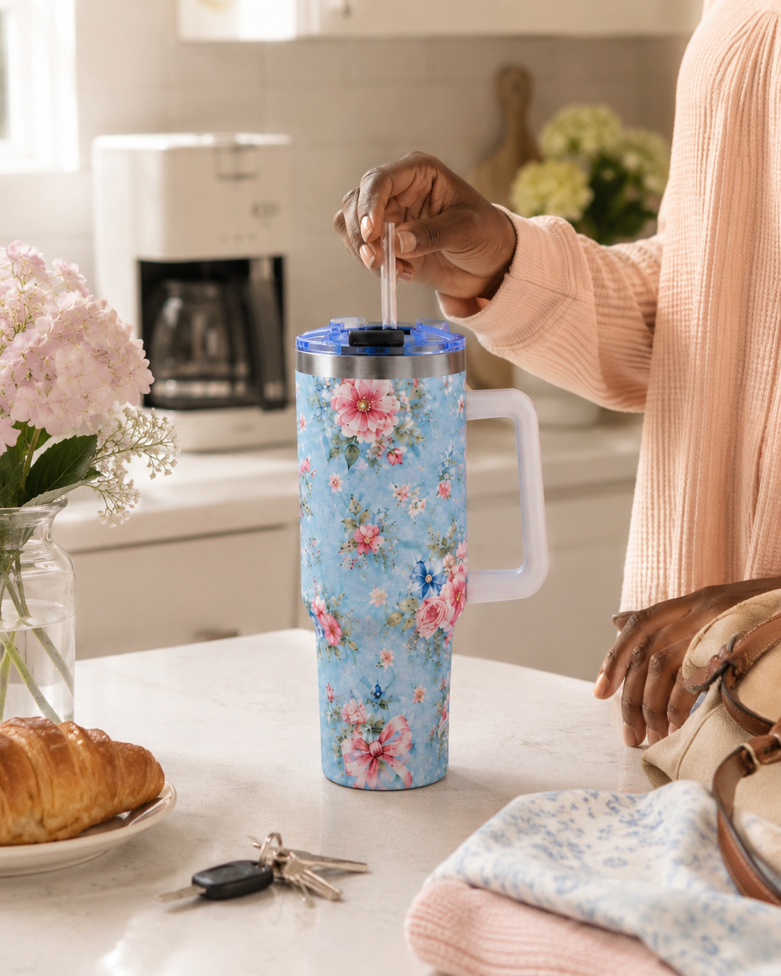 Vintage Blue Rose Tumbler – 40 oz Floral Travel Cup