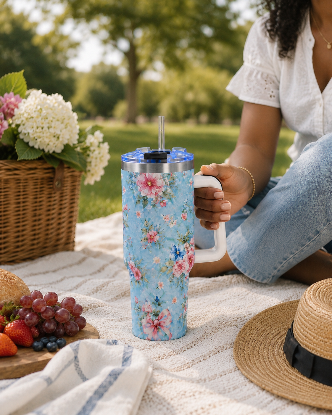 Vintage Blue Rose Tumbler – 40 oz Floral Travel Cup