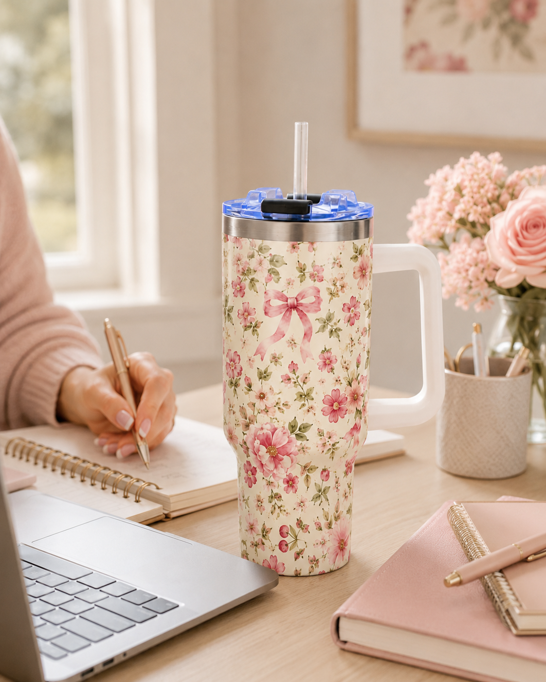 Pink Ditsy Floral Tumbler – 40 oz Floral Travel Cup