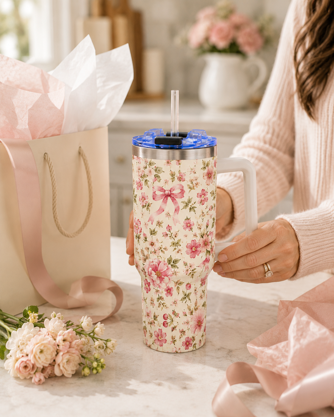 Pink Ditsy Floral Tumbler – 40 oz Floral Travel Cup