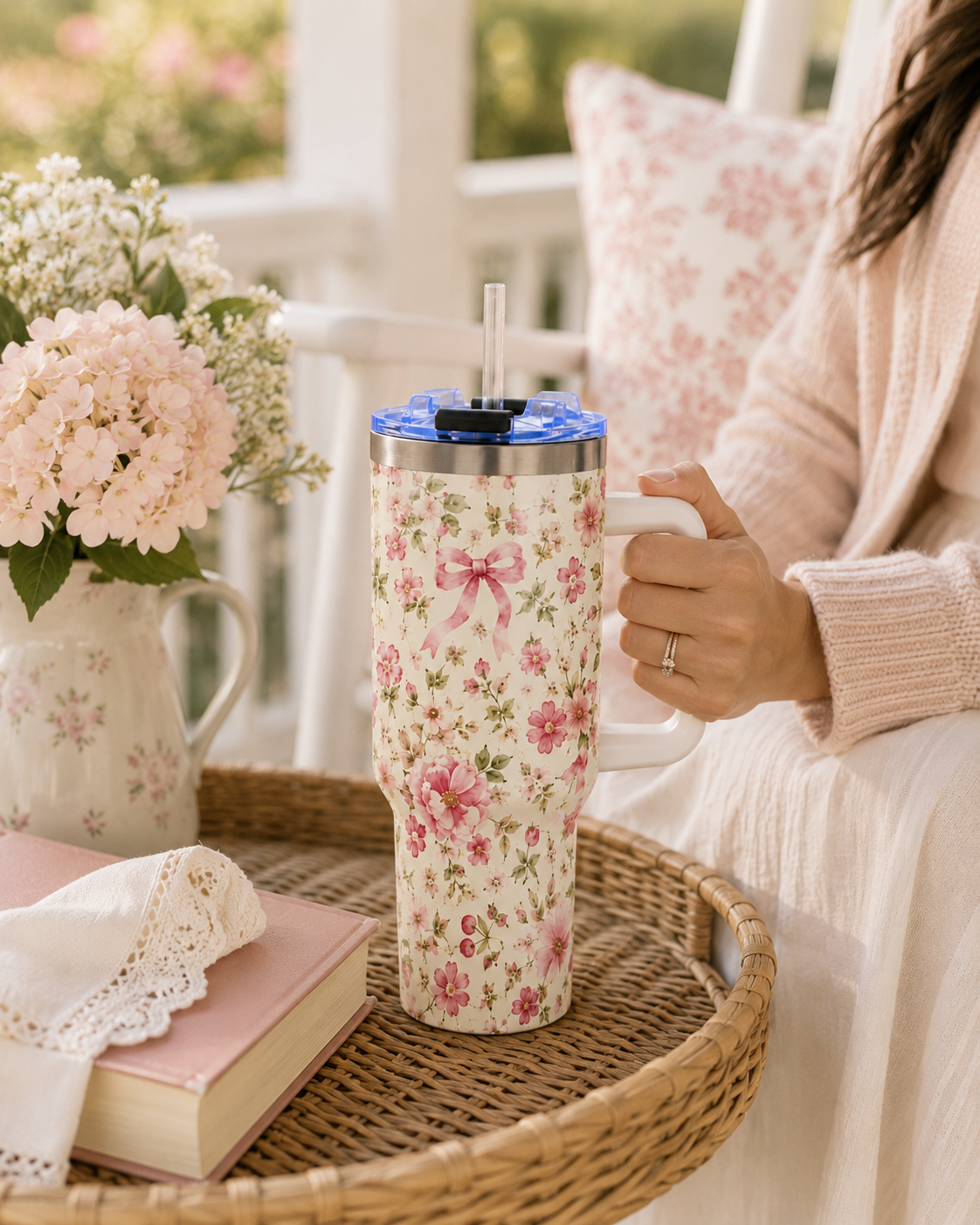 Pink Ditsy Floral Tumbler – 40 oz Floral Travel Cup