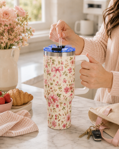 Pink Ditsy Floral Tumbler – 40 oz Floral Travel Cup
