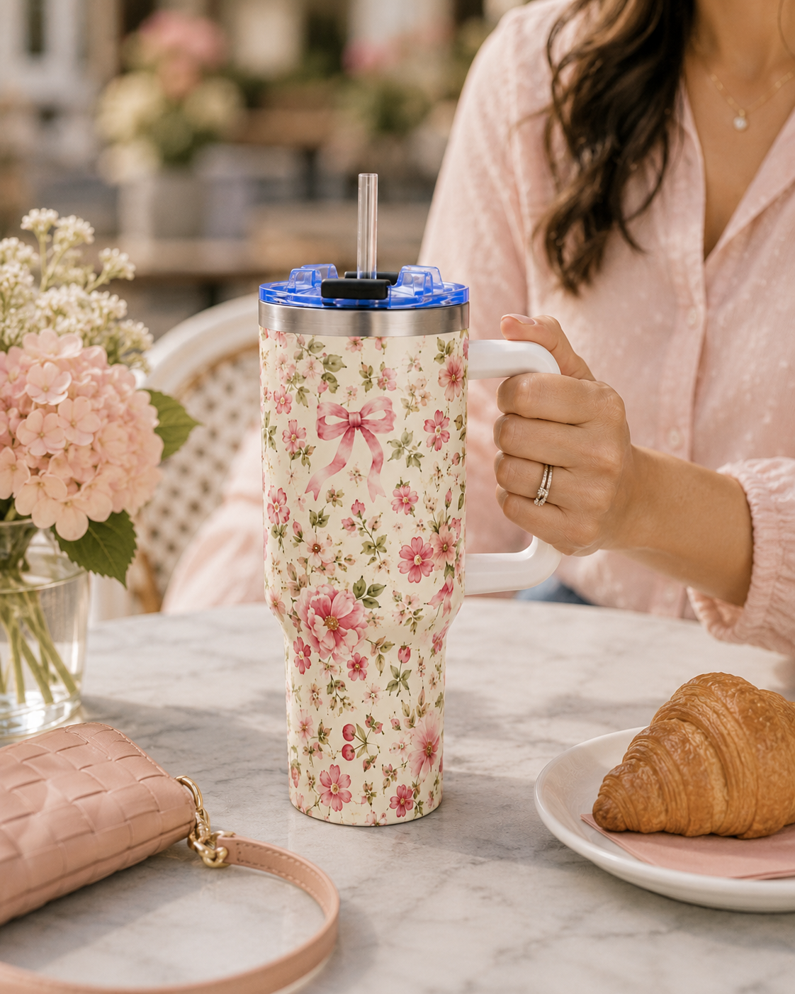 Pink Ditsy Floral Tumbler – 40 oz Floral Travel Cup