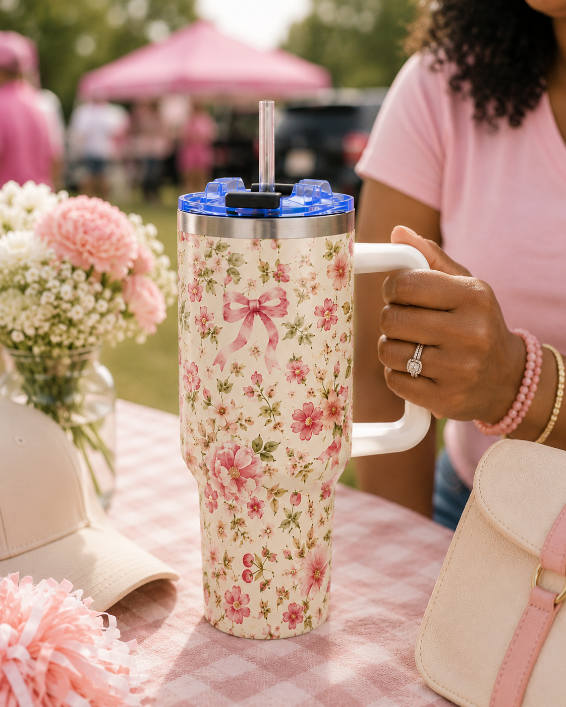 Pink Ditsy Floral Tumbler – 40 oz Floral Travel Cup