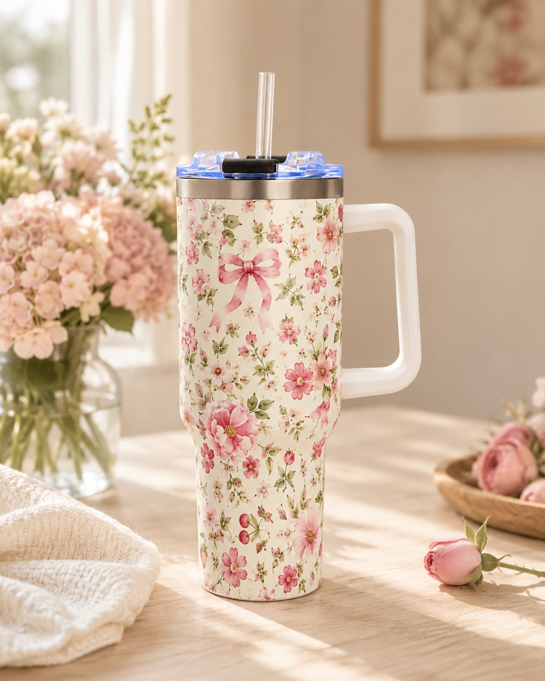 Pink Ditsy Floral Tumbler – 40 oz Floral Travel Cup