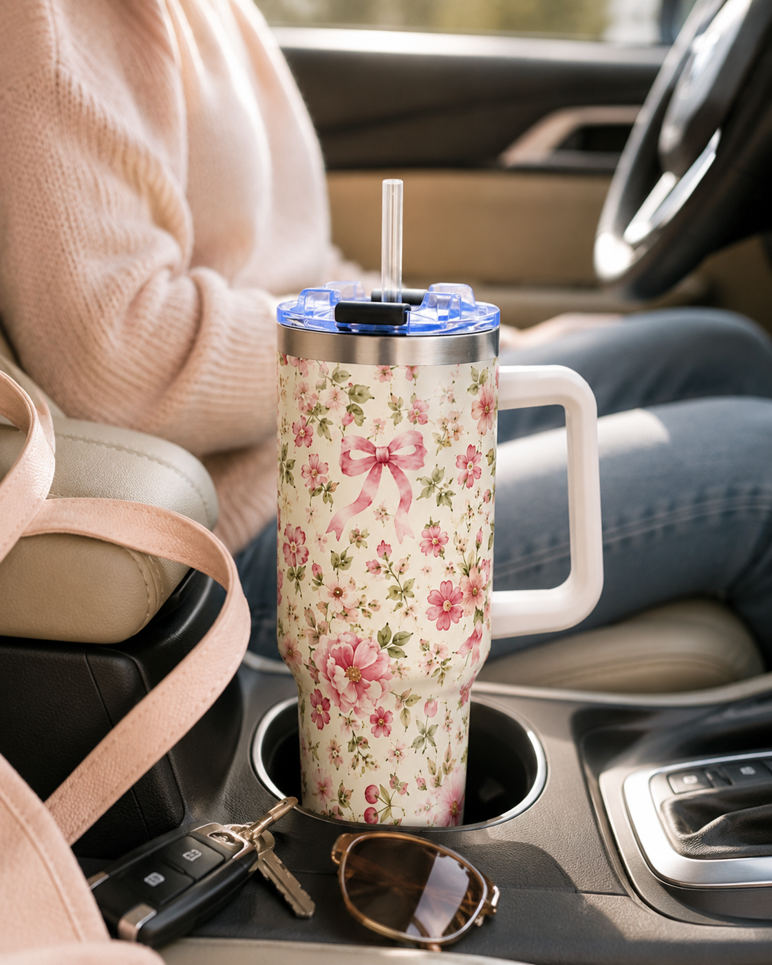 Pink Ditsy Floral Tumbler – 40 oz Floral Travel Cup