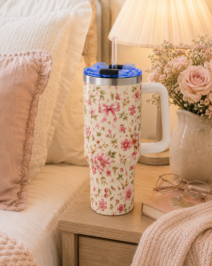 Pink Ditsy Floral Tumbler – 40 oz Floral Travel Cup
