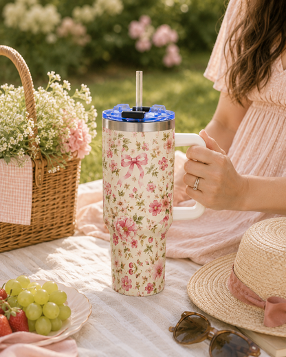 Pink Ditsy Floral Tumbler – 40 oz Floral Travel Cup