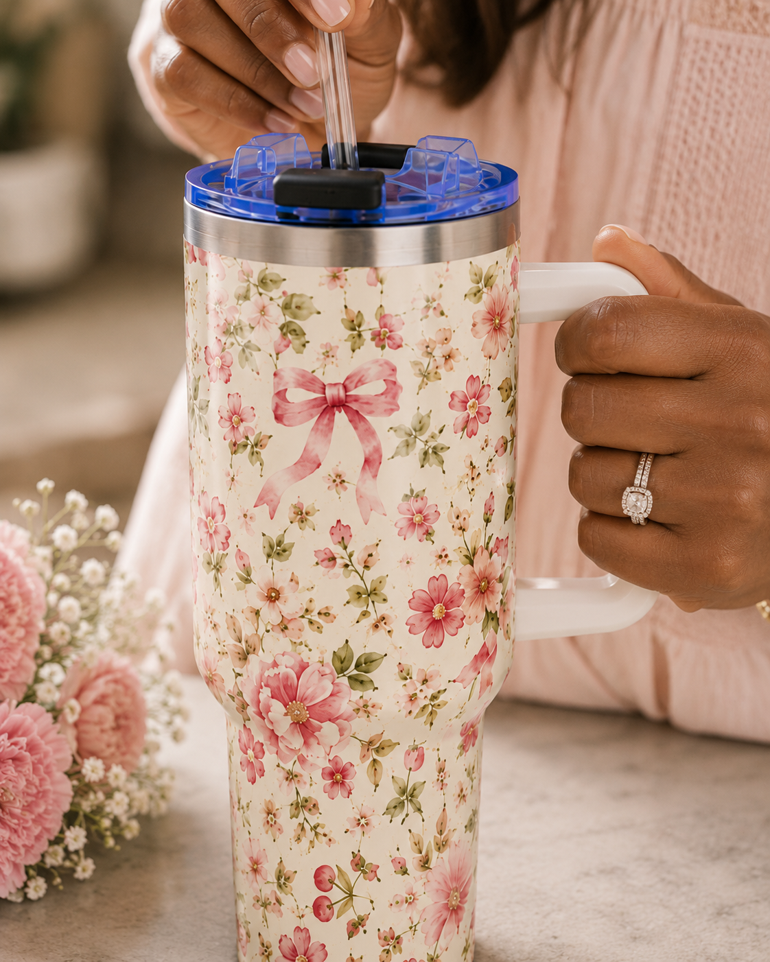 Pink Ditsy Floral Tumbler – 40 oz Floral Travel Cup