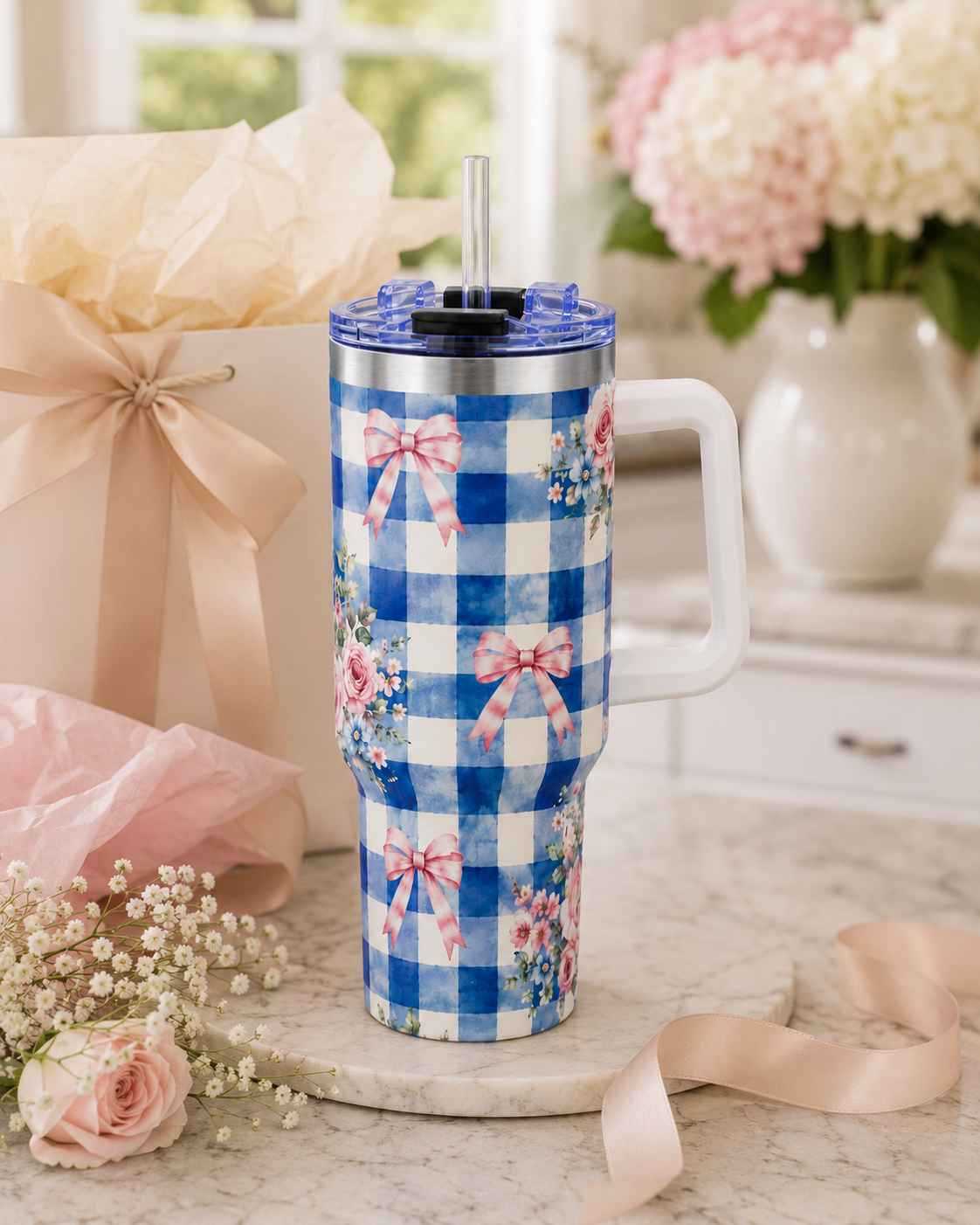 Blue Gingham Rose Tumbler – 40 oz Floral Travel Cup