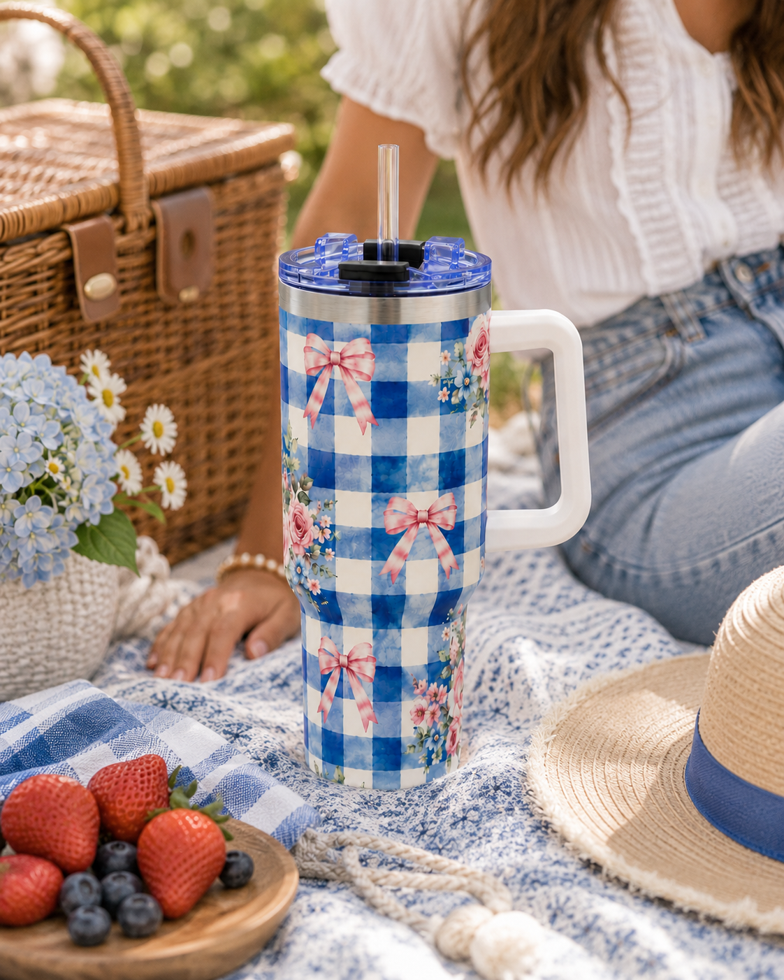 Blue Gingham Rose Tumbler – 40 oz Floral Travel Cup