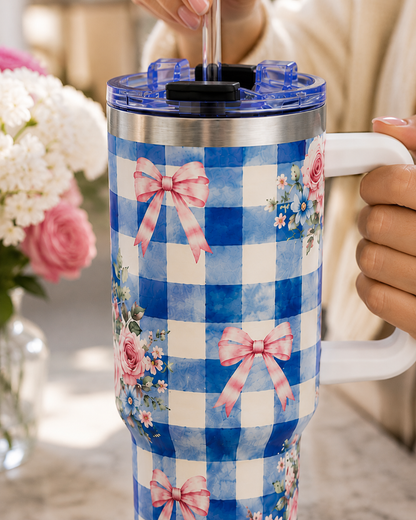 Blue Gingham Rose Tumbler – 40 oz Floral Travel Cup
