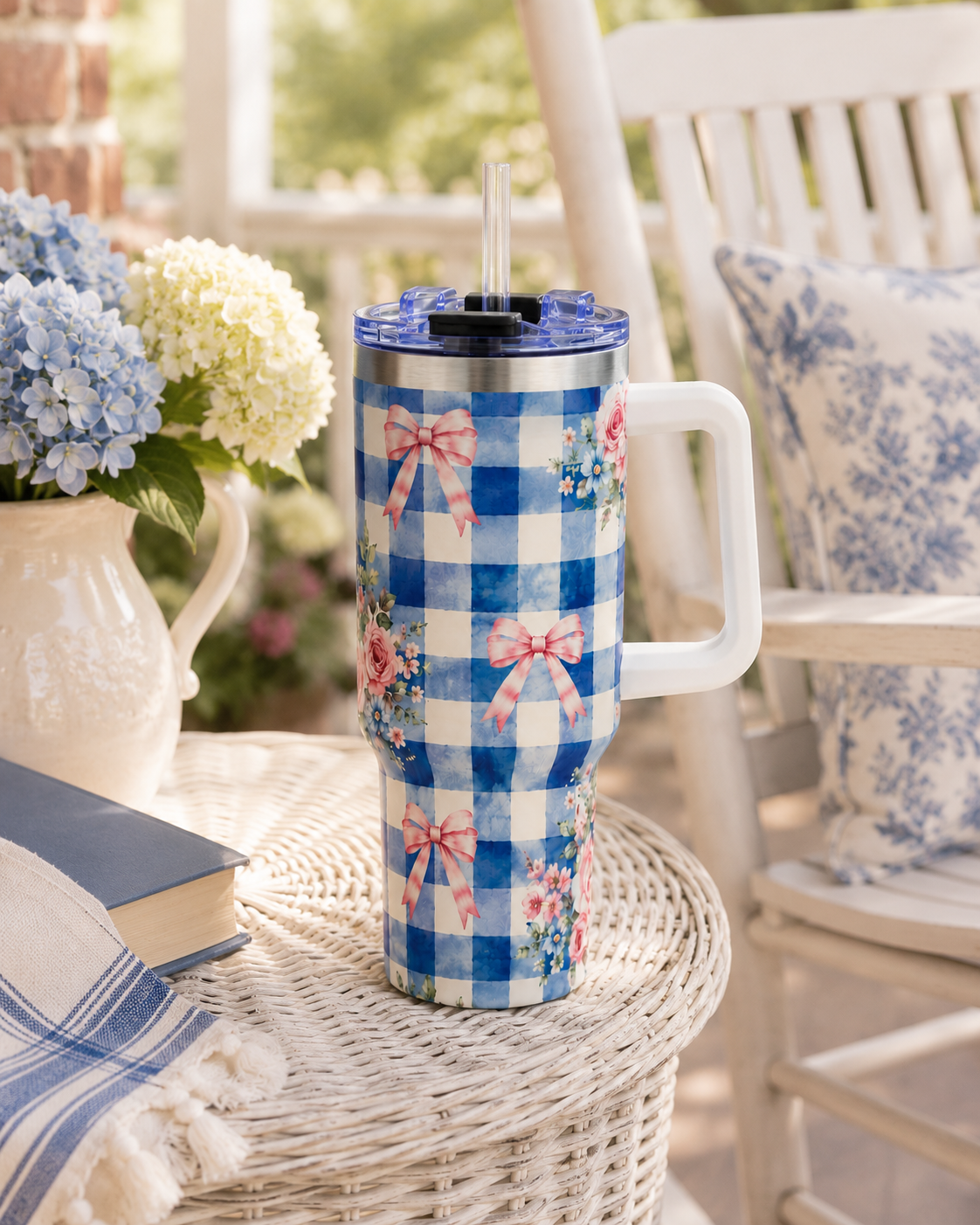 Blue Gingham Rose Tumbler – 40 oz Floral Travel Cup
