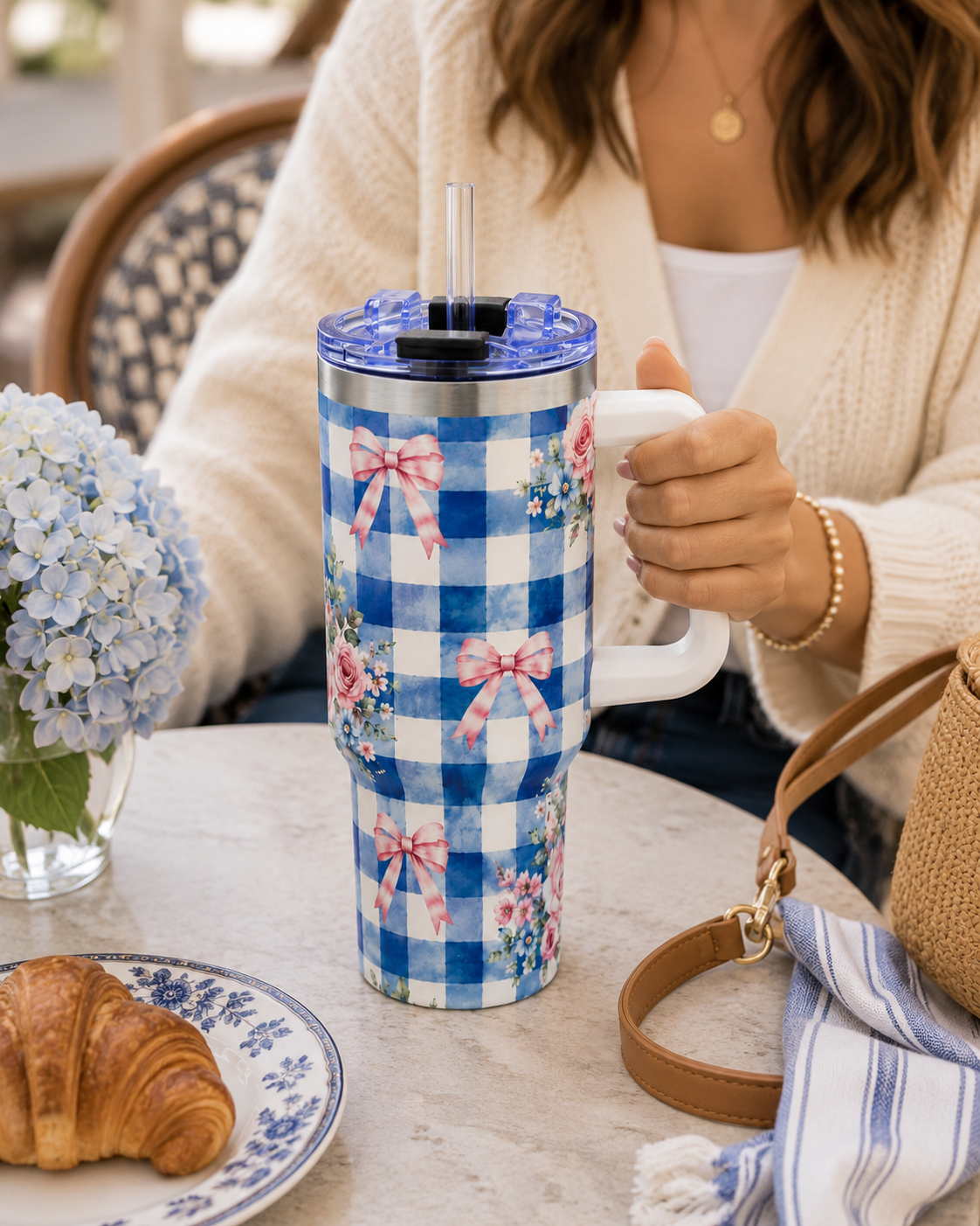 Blue Gingham Rose Tumbler – 40 oz Floral Travel Cup