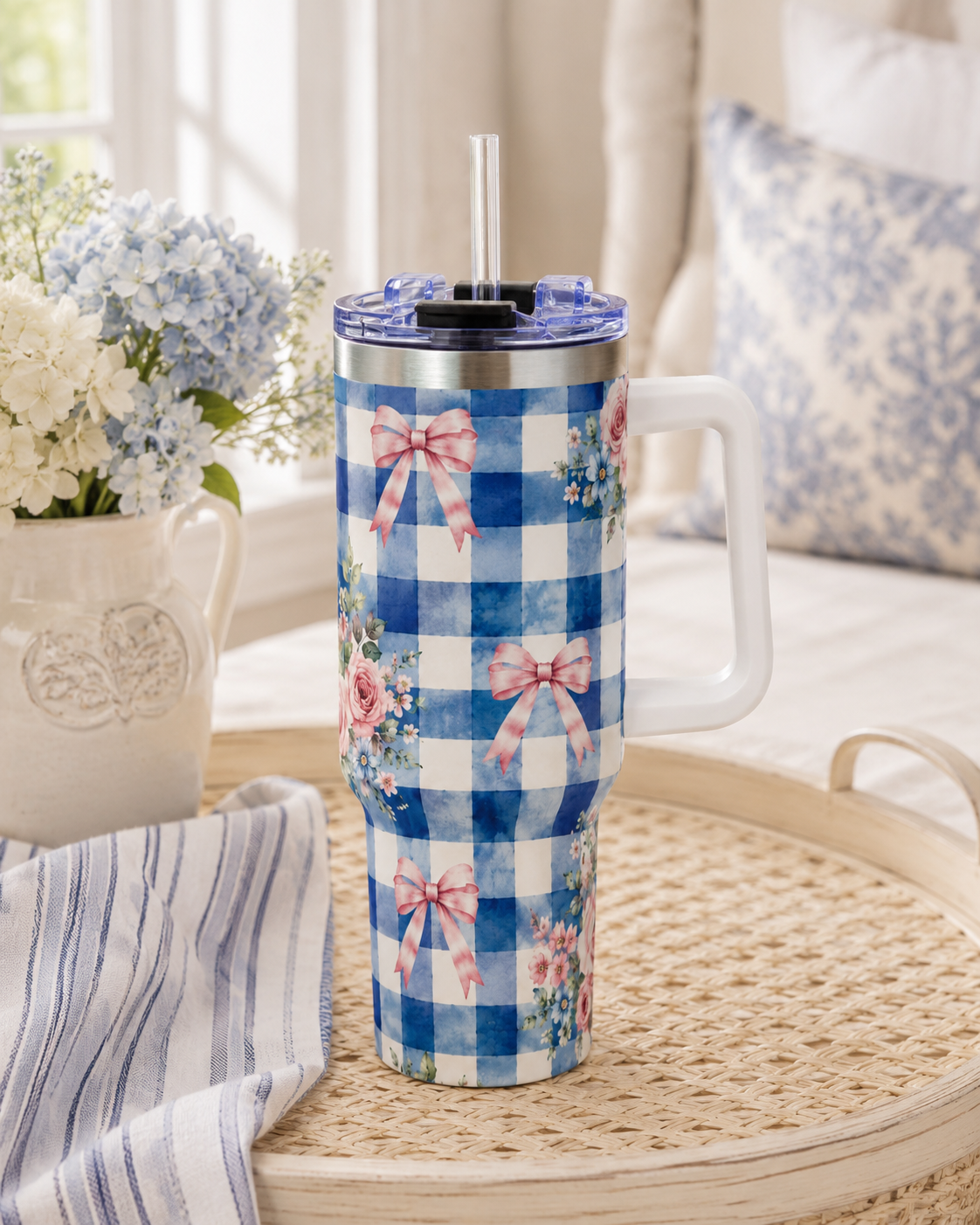 Blue Gingham Rose Tumbler – 40 oz Floral Travel Cup