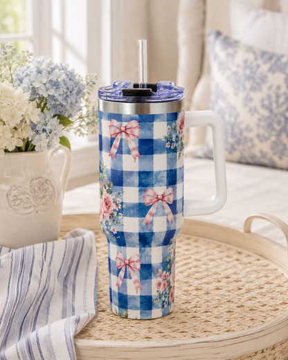 Blue Gingham Rose Tumbler – 40 oz Floral Travel Cup